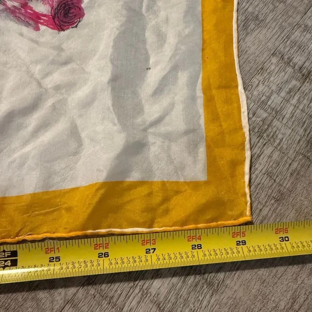 Printed Japan Yellow Silk Scarf Floral Rose Paint Art Yellow White Artist VTG